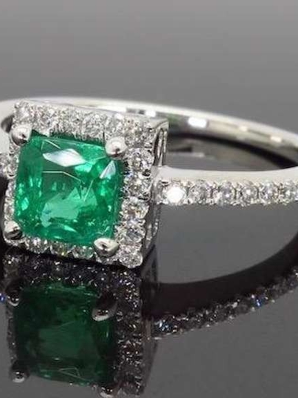 Emerald Halo Square Solitaire Ring - Green